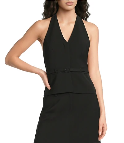 French Connection Harry Suiting Belted Halter V-Neck Sleeveless Top