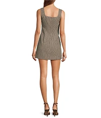 French Connection Houndstooth Wool Blend Square Neck Sleeveless Side Button Mini Dress