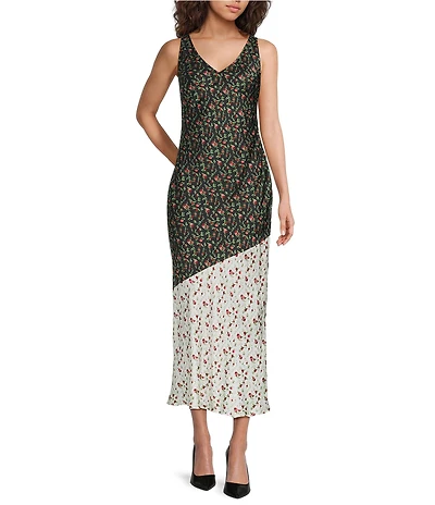 French Connection Julia Ditsy Bloom Colorblock V-Neck Sleeveless Slip Maxi Dress