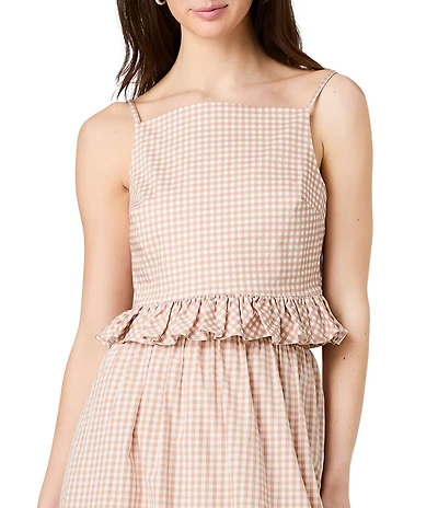 French Connection Lilah Gingham Print High-Square Neck Sleeveless Ruffle Hem Peplum Coordinating Top