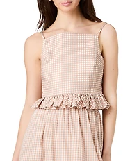 French Connection Lilah Gingham Print High-Square Neck Sleeveless Ruffle Hem Peplum Coordinating Top