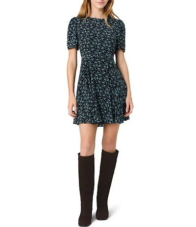 French Connection Marina Silky Chiffon Ditsy Lucia Fleur Round Neck Short Sleeve Mini Dress