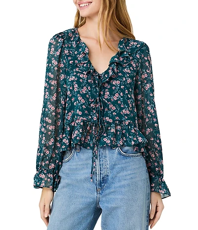 French Connection Marina Silky Chiffon Lucia Fleur Printed Ruffle V-Neck Long Sleeve Top