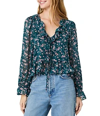 French Connection Marina Silky Chiffon Lucia Fleur Printed Ruffle V-Neck Long Sleeve Top