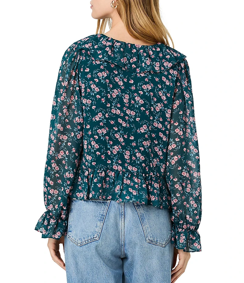 French Connection Marina Silky Chiffon Lucia Fleur Printed Ruffle V-Neck Long Sleeve Top