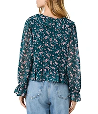 French Connection Marina Silky Chiffon Lucia Fleur Printed Ruffle V-Neck Long Sleeve Top