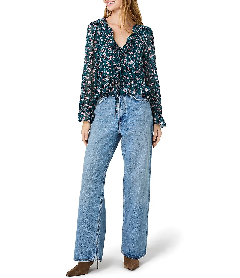 French Connection Marina Silky Chiffon Lucia Fleur Printed Ruffle V-Neck Long Sleeve Top