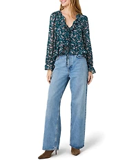 French Connection Marina Silky Chiffon Lucia Fleur Printed Ruffle V-Neck Long Sleeve Top