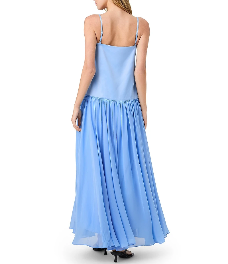 French Connection Marina Silky Chiffon Ruched Square Neck Sleeveless Drop Waist Maxi Dress