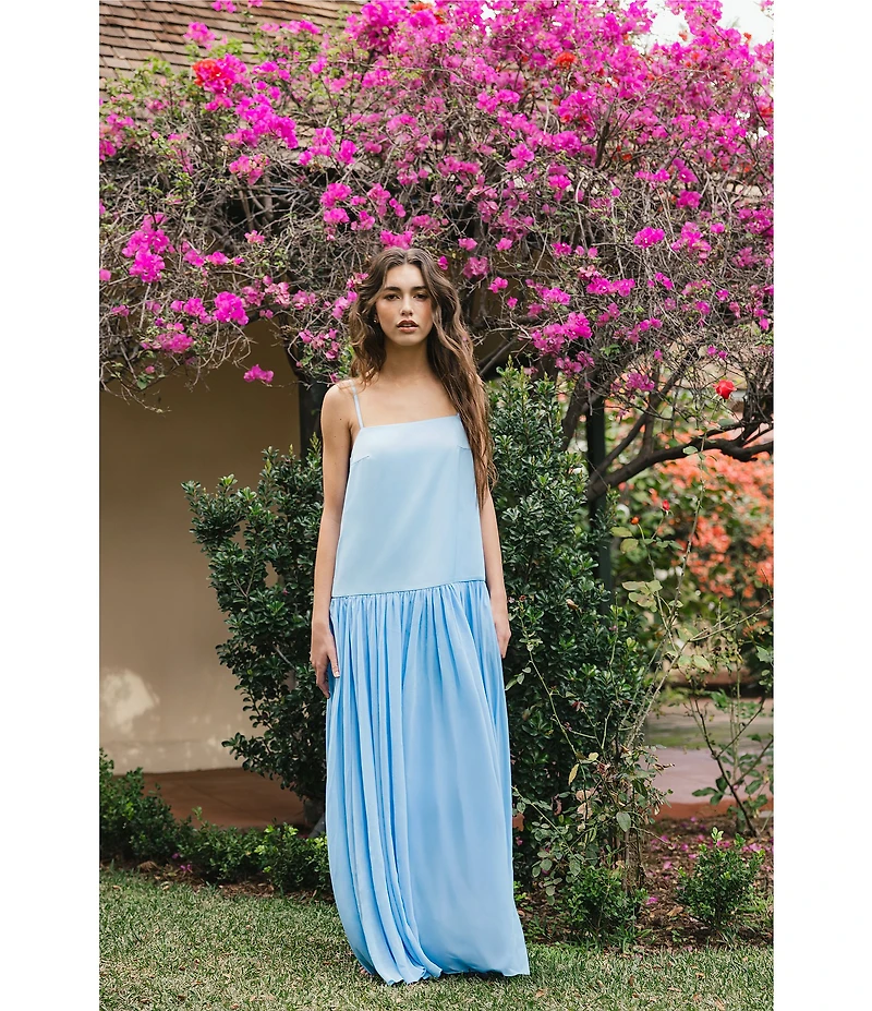 French Connection Marina Silky Chiffon Ruched Square Neck Sleeveless Drop Waist Maxi Dress