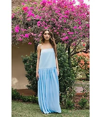 French Connection Marina Silky Chiffon Ruched Square Neck Sleeveless Drop Waist Maxi Dress