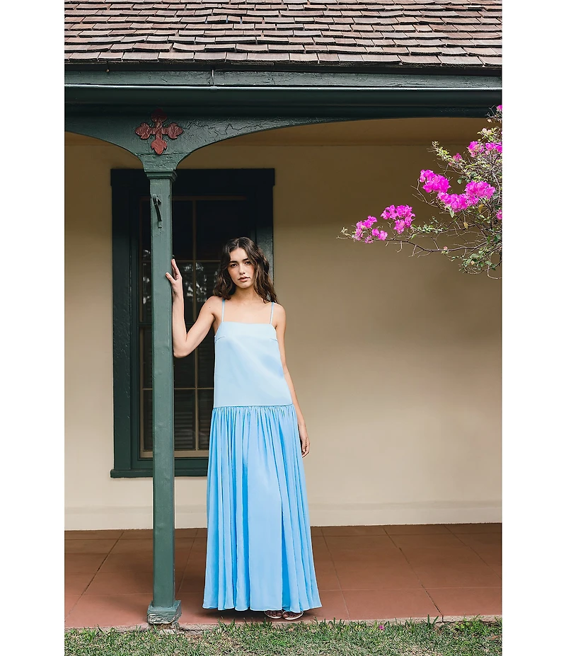 French Connection Marina Silky Chiffon Ruched Square Neck Sleeveless Drop Waist Maxi Dress