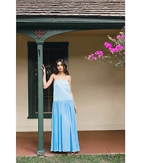 French Connection Marina Silky Chiffon Ruched Square Neck Sleeveless Drop Waist Maxi Dress