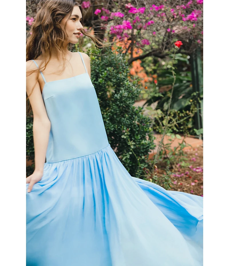 French Connection Marina Silky Chiffon Ruched Square Neck Sleeveless Drop Waist Maxi Dress