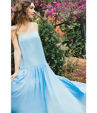 French Connection Marina Silky Chiffon Ruched Square Neck Sleeveless Drop Waist Maxi Dress