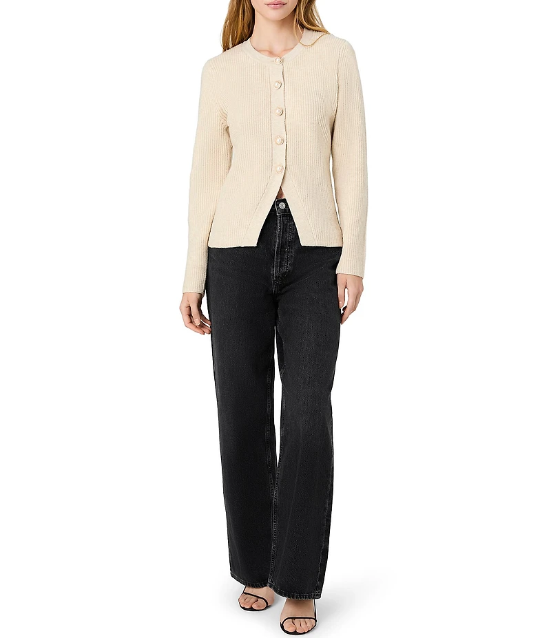 French Connection Marley Knit Jewel Neck Long Sleeve Button Front Top