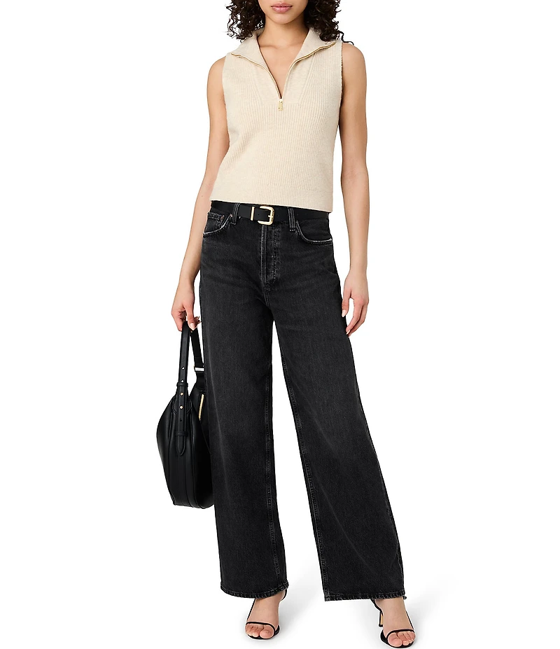 French Connection Marley Knit Quarter Zip Collared V-Neck Sleeveless Rib Vest Top