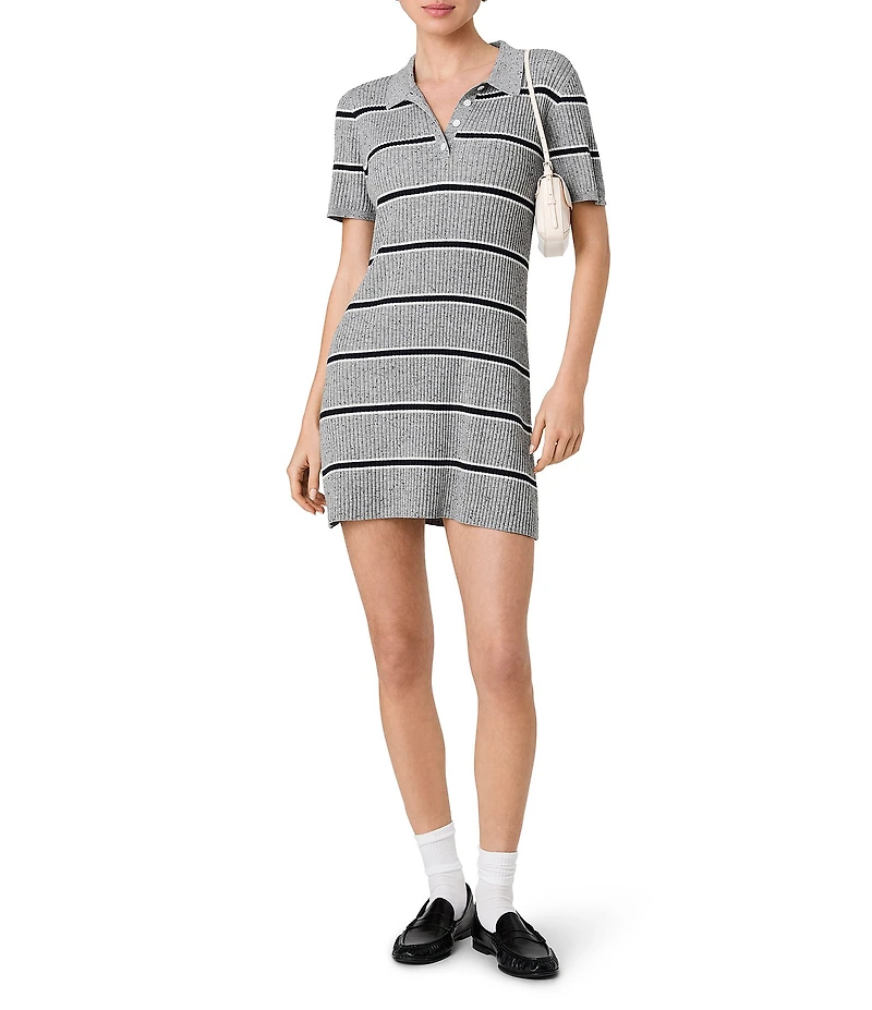 French Connection Mason Knit Varsity Stripe Polo Collared Short Sleeve Mini Shirt Dress