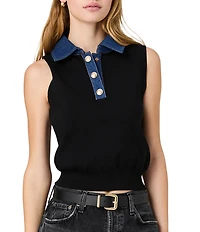 French Connection Maxime Knit Denim Collared Sleeveless Sweater Vest Top