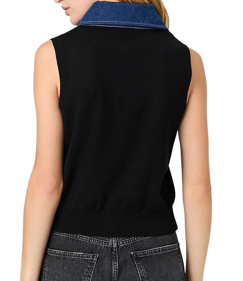 French Connection Maxime Knit Denim Collared Sleeveless Sweater Vest Top