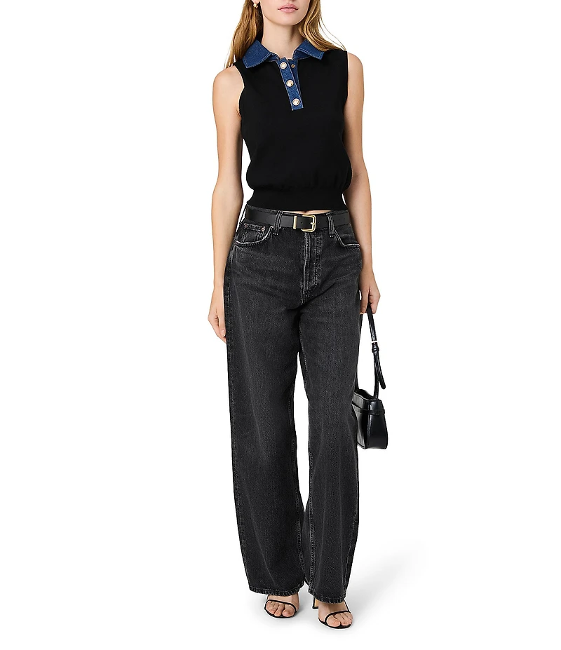French Connection Maxime Knit Denim Collared Sleeveless Sweater Vest Top