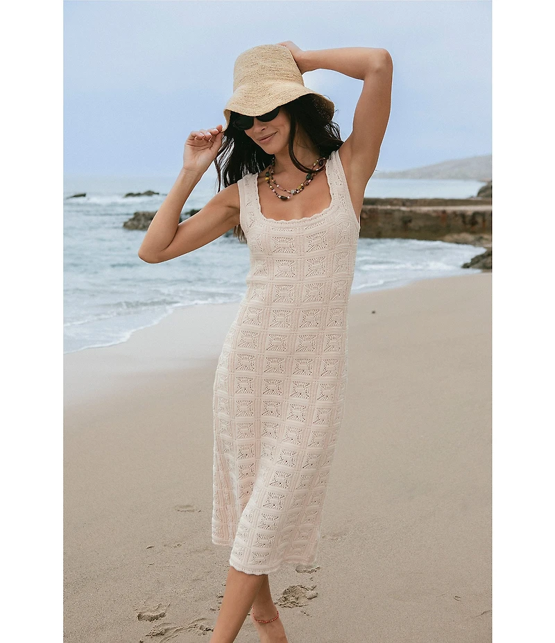 French Connection Nellis Crochet Knit Square Neck Sleeveless Fitted Dress