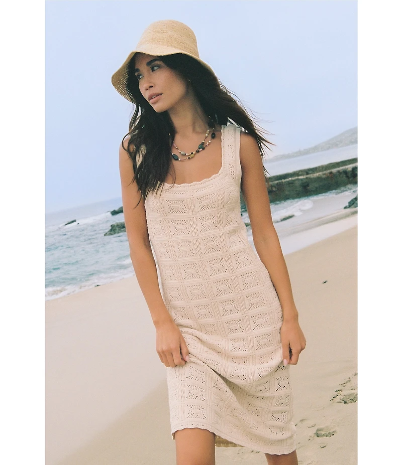 French Connection Nellis Crochet Knit Square Neck Sleeveless Fitted Dress
