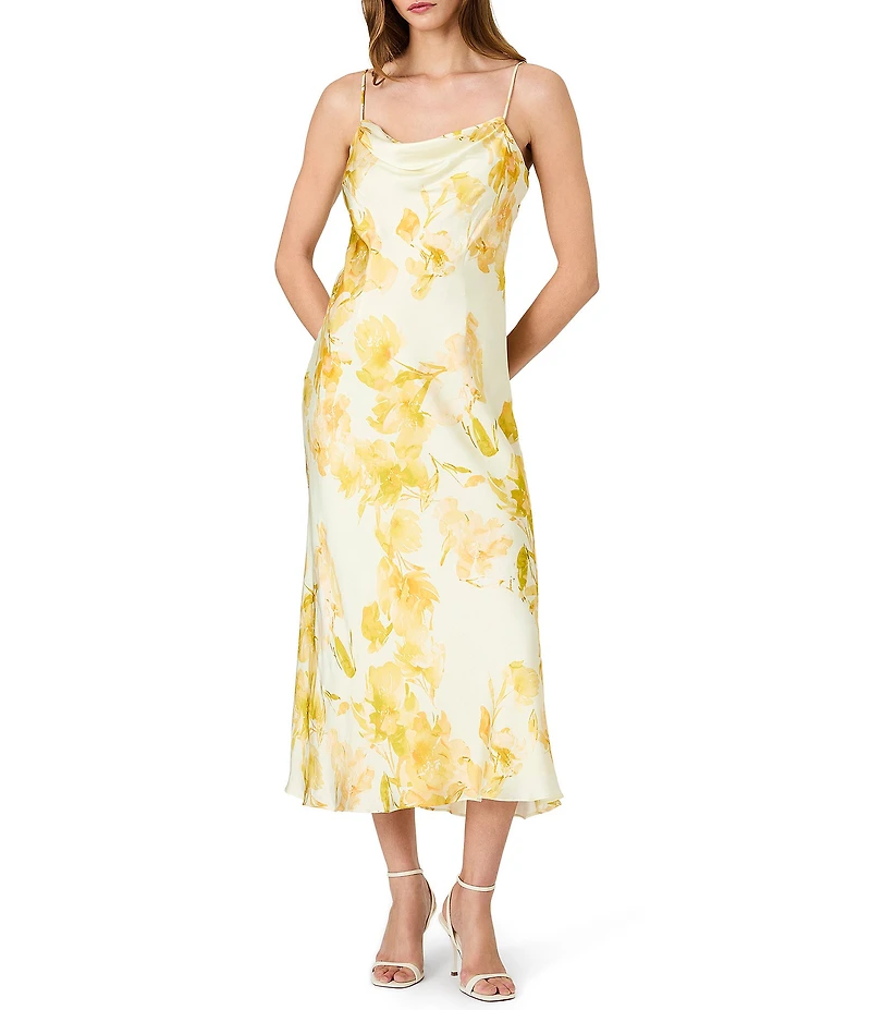 French Connection Oona Satin Sophie Fleur Cowl Neck Sleeveless Maxi Dress