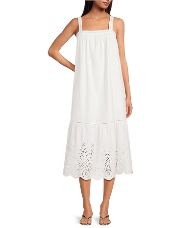 French Connection Poplin Embroidered Eyelet Square Neck Sleeveless Midi Dress