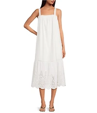 French Connection Poplin Embroidered Eyelet Square Neck Sleeveless Midi Dress