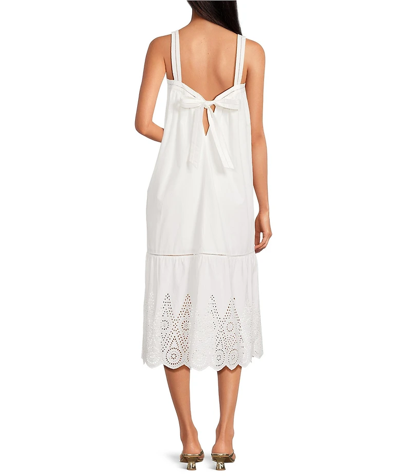 French Connection Poplin Embroidered Eyelet Square Neck Sleeveless Midi Dress