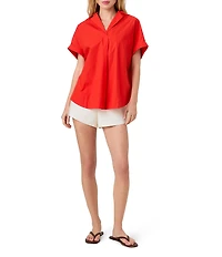 French Connection Rhodes Poplin Collared V-Neck Short Sleeve Top