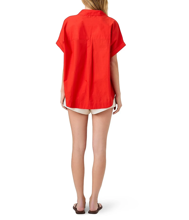 French Connection Rhodes Poplin Collared V-Neck Short Sleeve Top
