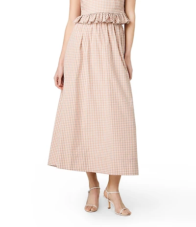 French Connection Rhodes Poplin Gingham Print Ruched Waist Coordinating Midi Skirt