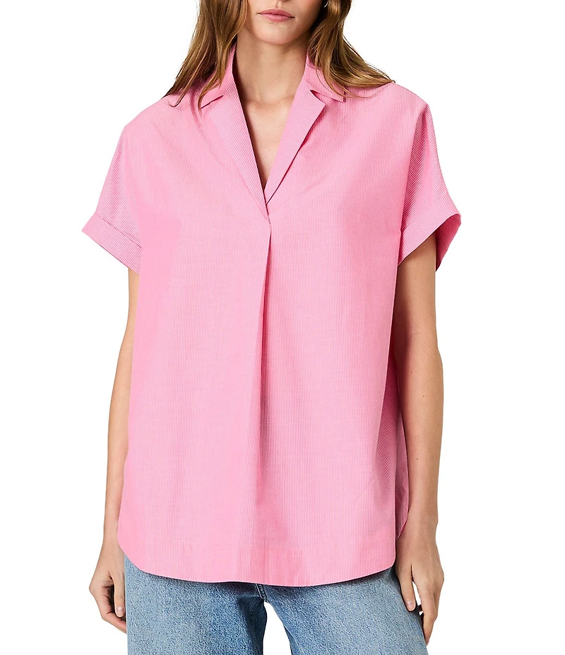 French Connection Rhodes Poplin Ticking Stripe Collared V-Neck Short Sleeve Top
