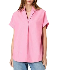 French Connection Rhodes Poplin Ticking Stripe Collared V-Neck Short Sleeve Top