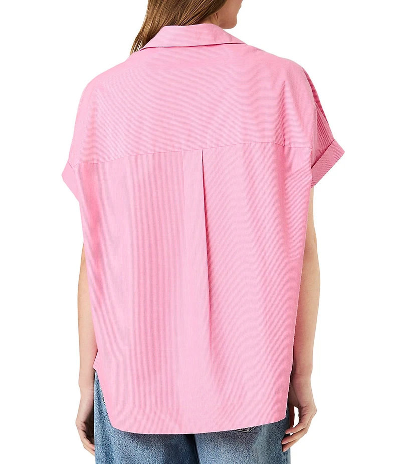 French Connection Rhodes Poplin Ticking Stripe Collared V-Neck Short Sleeve Top