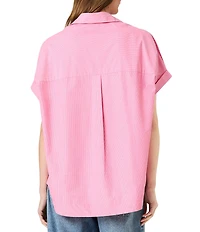 French Connection Rhodes Poplin Ticking Stripe Collared V-Neck Short Sleeve Top