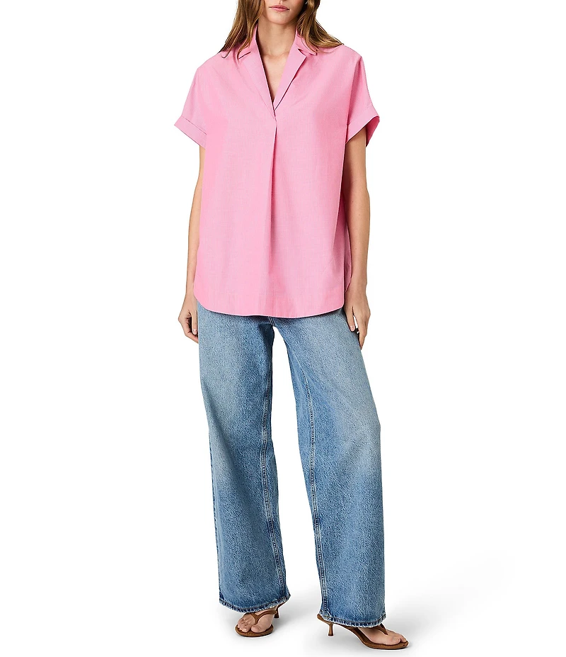 French Connection Rhodes Poplin Ticking Stripe Collared V-Neck Short Sleeve Top
