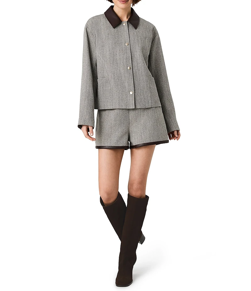 French Connection Speckled Herringbone Suiting Collared Long Sleeve Cropped Jacket