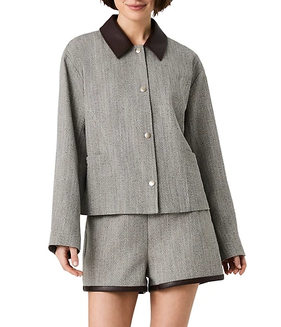French Connection Speckled Herringbone Suiting Collared Long Sleeve Cropped Jacket