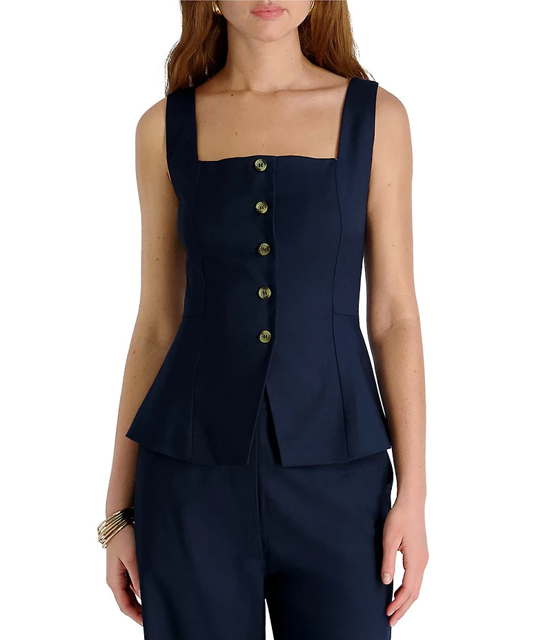 French Connection Square Neck Sleeveless Button Front Coordinating Twill Top