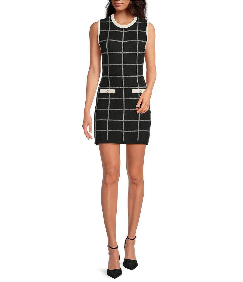 French Connection Stretch Knit Checked Print Crew Neck Sleeveless Mini Dress