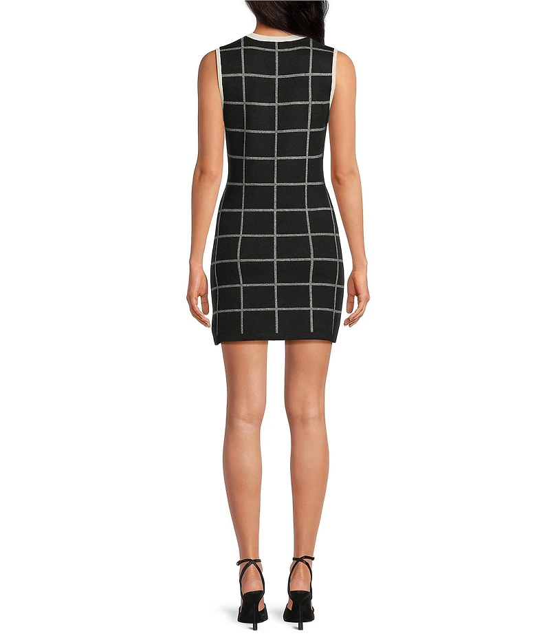 French Connection Stretch Knit Checked Print Crew Neck Sleeveless Mini Dress