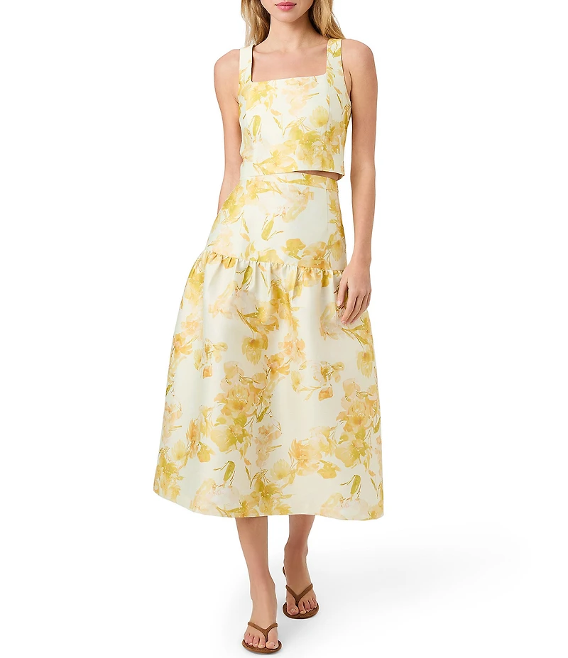 French Connection Structured Taffeta Sophie Fleur Printed Square Neck Sleeveless Coordinating Cropped Top