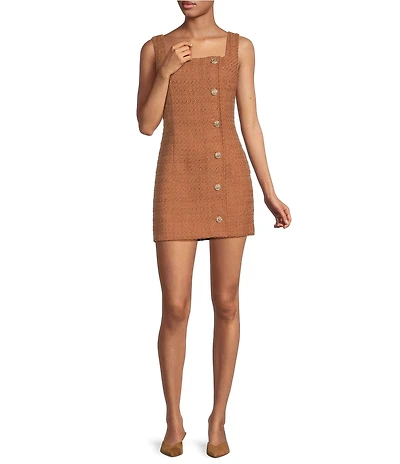 French Connection Structured Tweed Square Neck Sleeveless Button Front Mini Dress