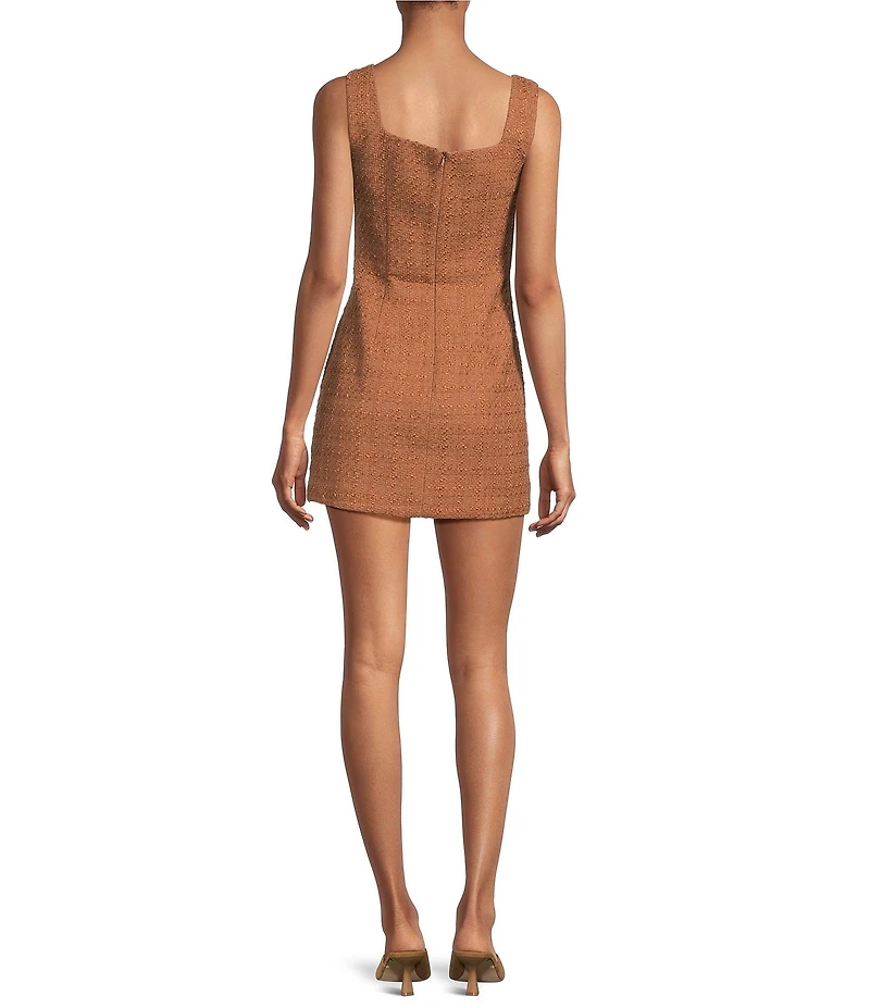 French Connection Structured Tweed Square Neck Sleeveless Button Front Mini Dress