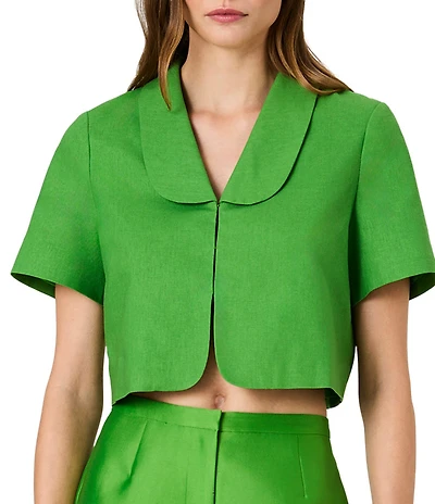 French Connection Theo Linen Oversized Collar V-Neck Short Sleeve Coordinating Top