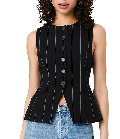 French Connection Wide Pinstripe Suiting Jewel Neck Sleeveless Button Front Top
