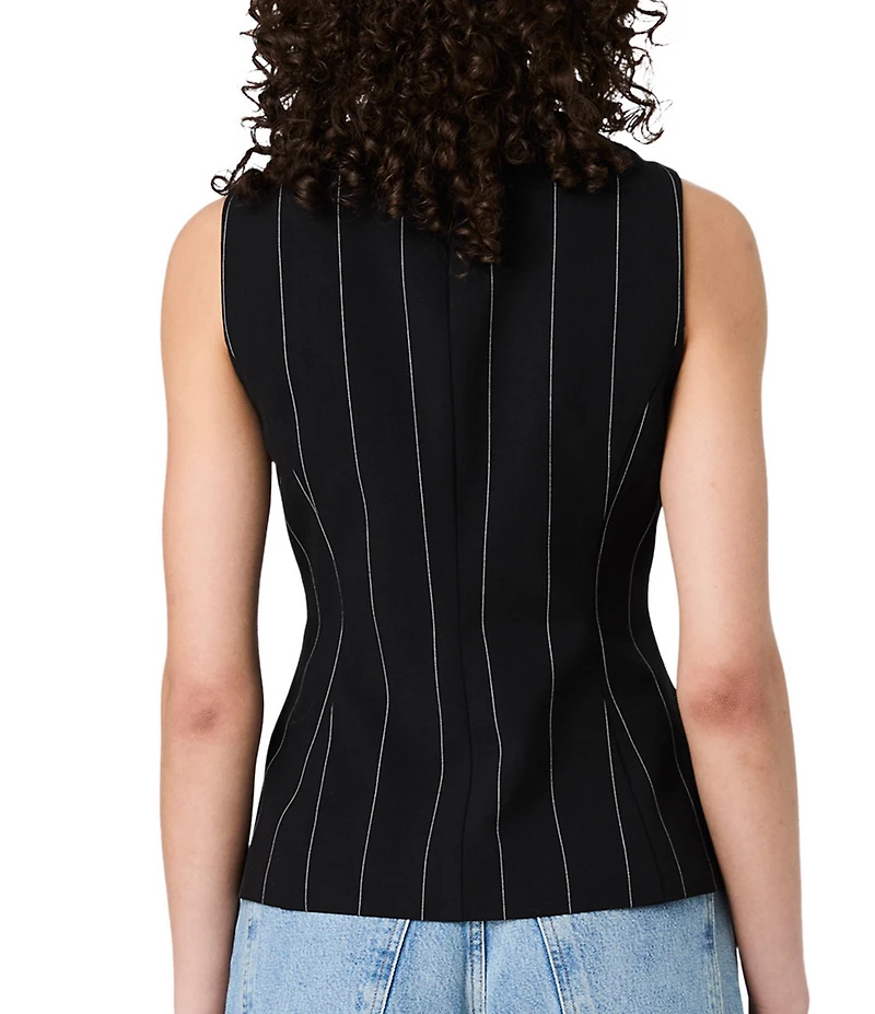 French Connection Wide Pinstripe Suiting Jewel Neck Sleeveless Button Front Top